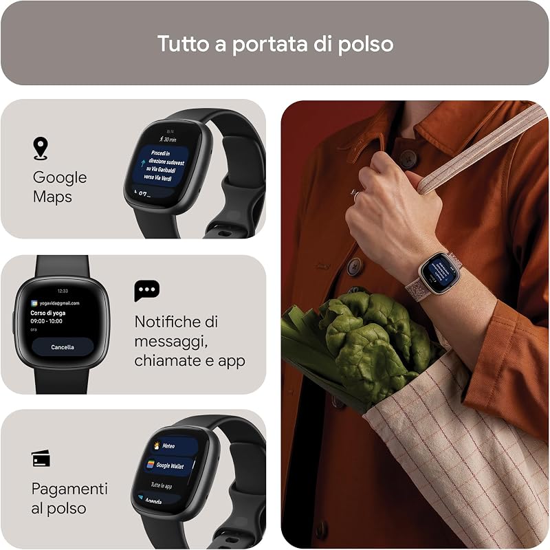 Versa 4 Smartwatch per il fitness con abbonamento Google Health Premium di 3 mesi incluso, fino a 6 giorni di autonomia e compatibile con iOS & Android, Nero / Alluminio grigio grafite