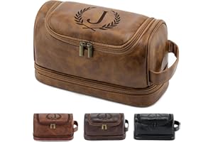 Aganmi Personalized Christmas Birthday Gifts Toiletry Bag for Men Dad Husband, Custom Initial PU Leather Waterproof Toiletry Organizer Dopp Kit Shaving Bag Travel Essential for Men, Light Brown J