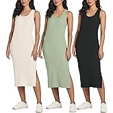 Real Essentials 3 Pack: Women's Ribbed Knit Sleeveless Crew Neck Tank Casual Midi Shift Dress with Slit