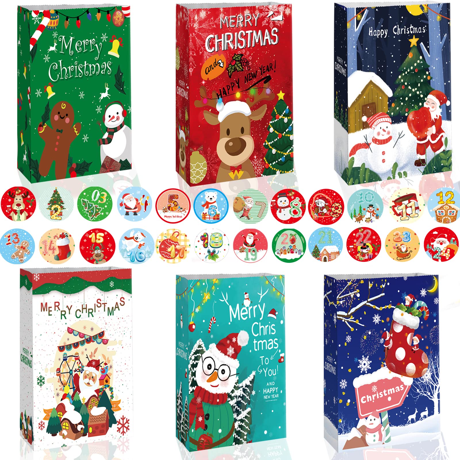 Christmas Paper Gift Bags, AUERVO 24 Pcs Xmas Gift Paper Bags 6 Christmas Themed Designs with 24 Calendar Stickers for Xmas Party Favors and Decorations
