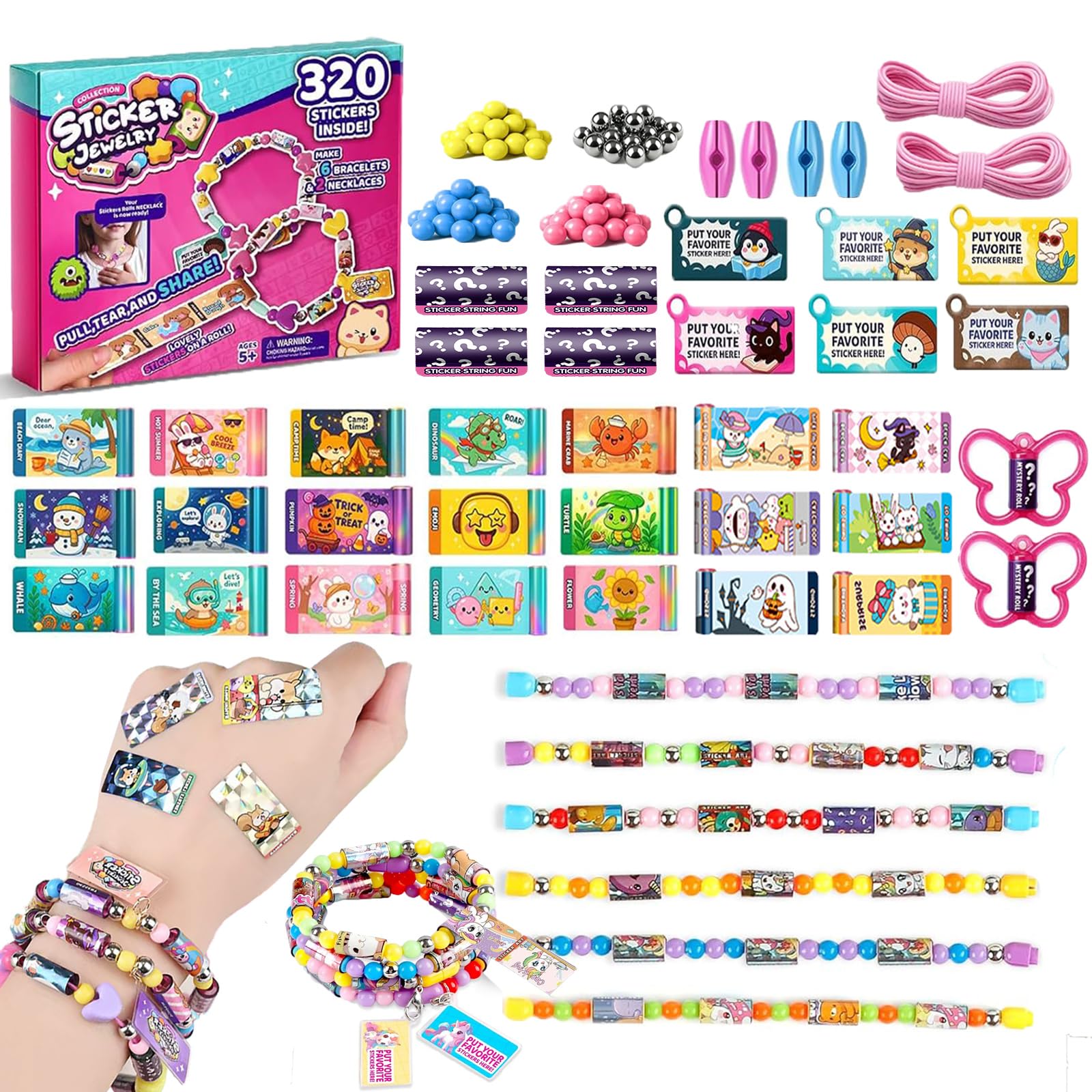 Afufu 320 Mini Holographic Stickers| 6 Bracelets| 2 Necklaces| 6 Pendants, DIY Friendship Bracelet Jewellery Making Kit Girls Toy for Age 3+, Collectible Reusable School Prize Party Favors Gifts — image 1
