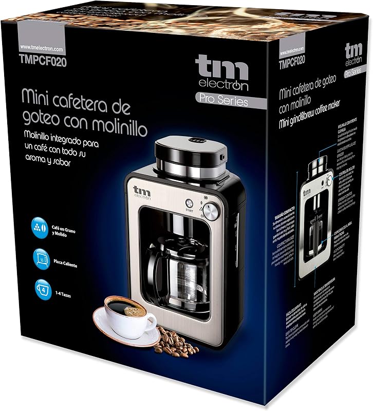 TMPCF020S Mini cafetera de Goteo con Molinillo Grano, 4 Tazas, 600W y Filtro Lavable Compatible con café molido, 600 W, 6 Cups, Acero Inoxidable, Plata — foto 6 de 7