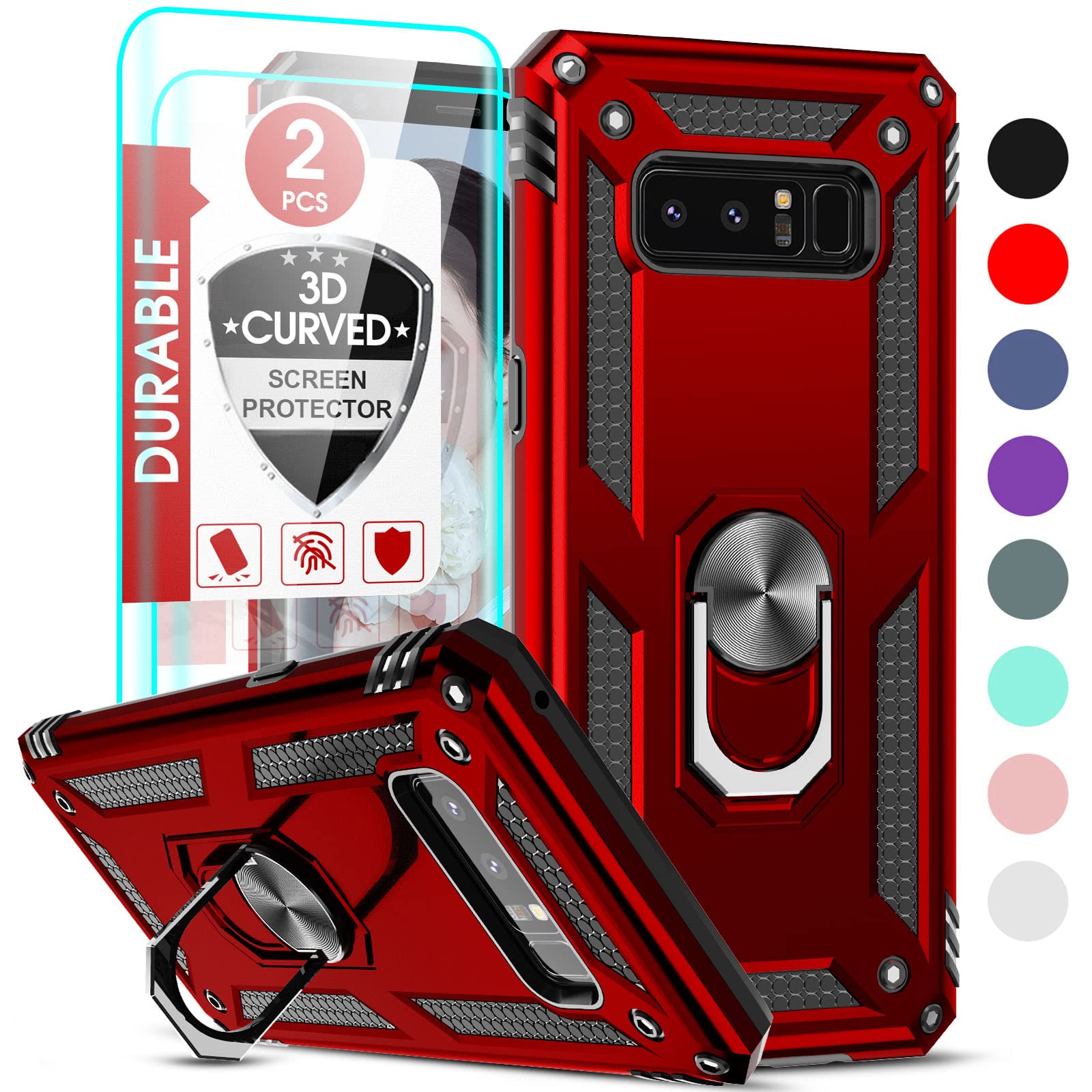 Photo 1 of LeYi for Samsung Note 8 Phone Case for Women, Galaxy Note 8 Case with [2 Pack] 3D Curved Screen Protector, [Military-Grade] Magnetic Ring Holder Stand Shockproof Case for Samsung Note 8, Red