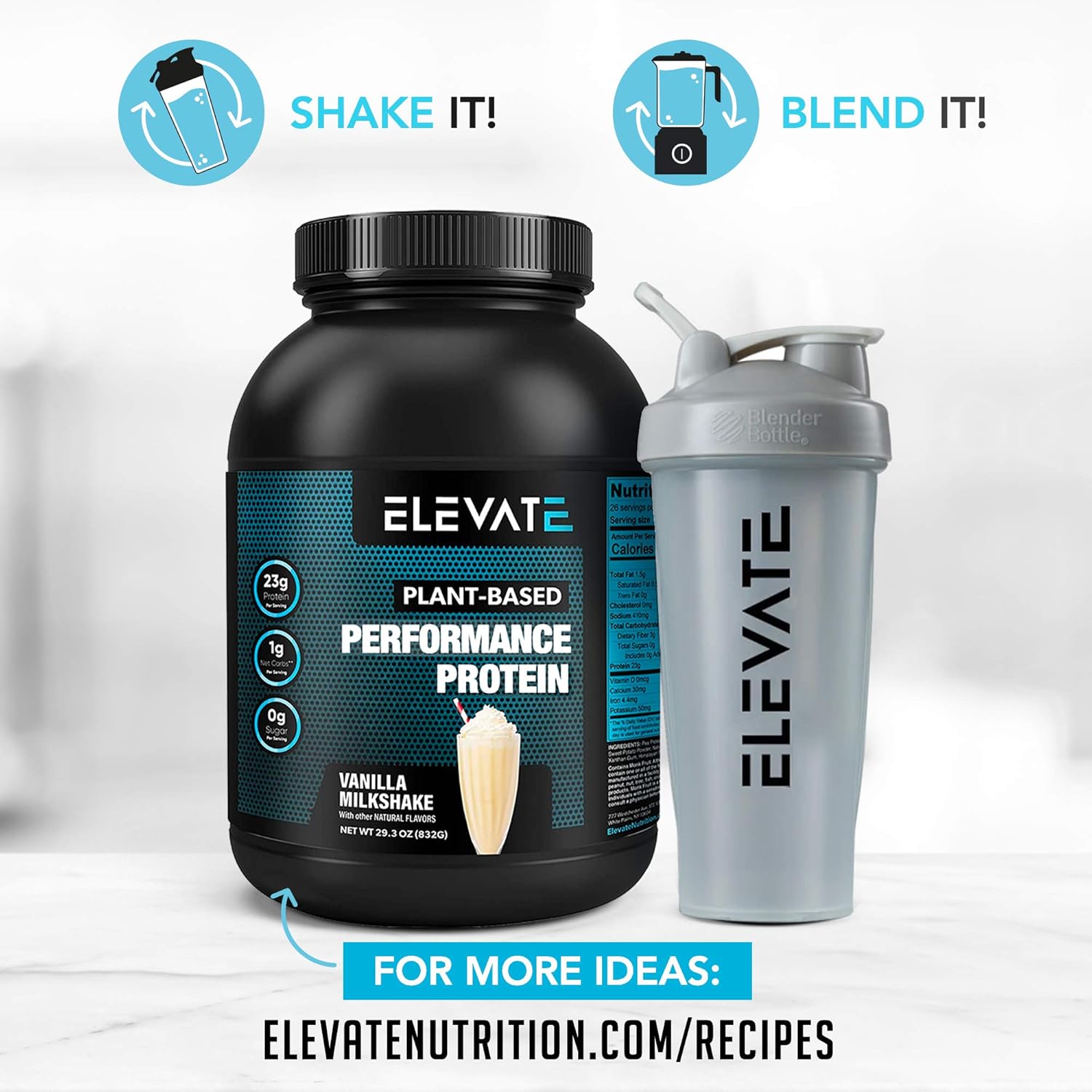 Plant Based Vegan Protein Powder with High BCAAs and Glutamine, Low Carb Protein Powder Vanilla Milkshake, Non GMO, NO Sugar, Dairy and Soy Free (26 Servings) - Elevate Nutrition: Health & Personal Care