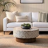 East at Main Mila White Round Coffee Table, Boho Coastal Pedestal | 32-inch mosaic coffee table with coconut shell inlay, wood pedestal base, unique handmade living room accent furniture