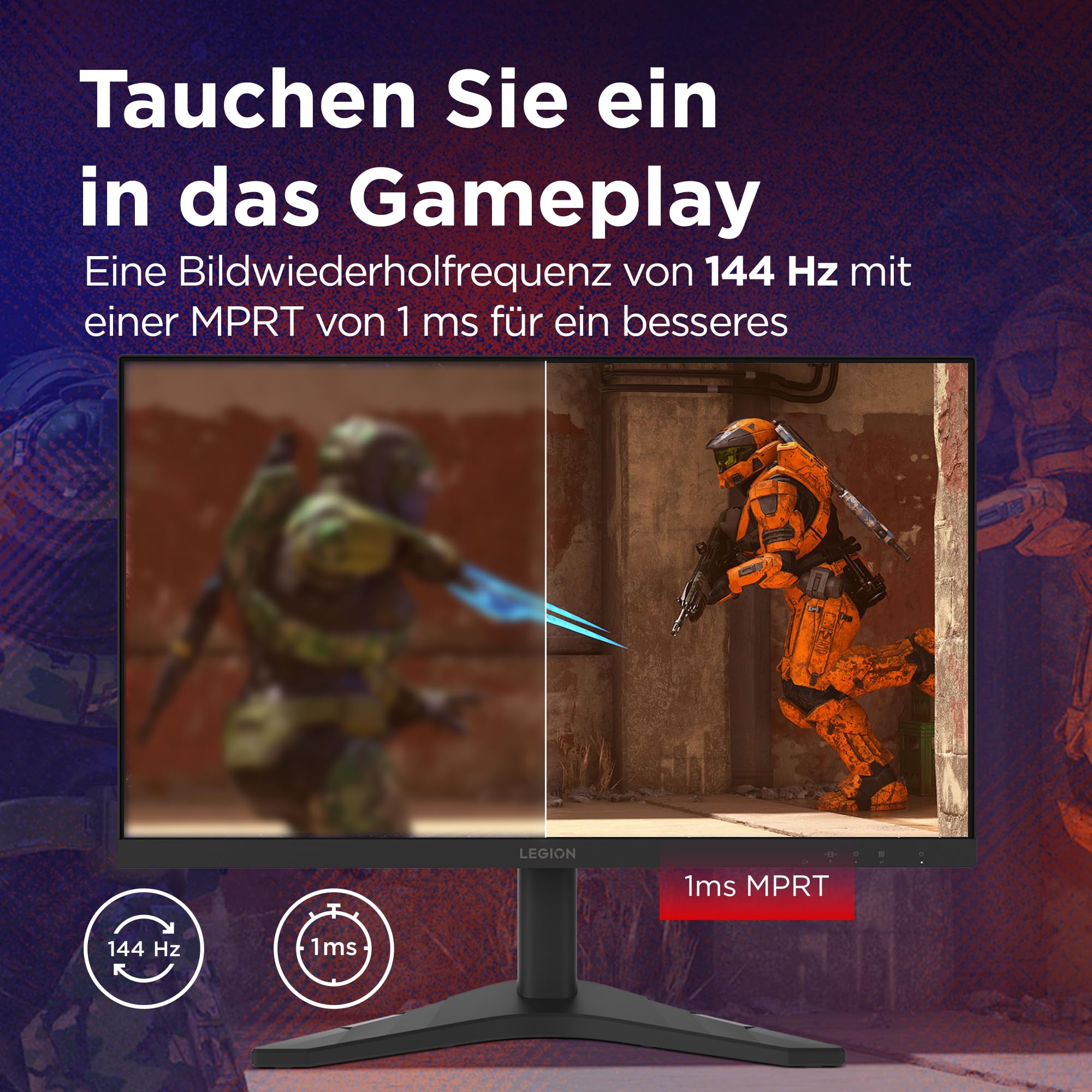 Lenovo Legion R24s | 24" Full HD Gaming Monitor | 1920x1080 | 16:9 | 144Hz | 1ms Reaktionszeit | HDMI | DisplayPort | IPS-Panel | Standfuß | Entspiegelt | TÜV Augenschutz | schwarz | 3.5. kg 3
