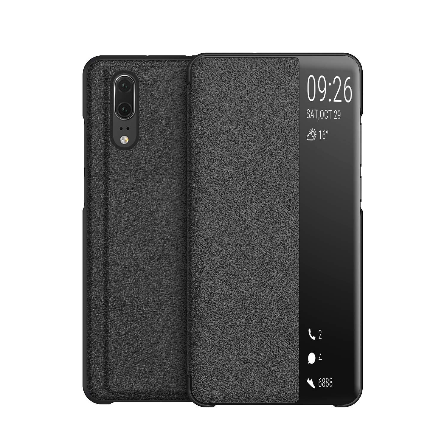 KANSi Case compatible for Huawei P20, Smart View Flip PU Leather Case Cover + Tempered Glass - Black
