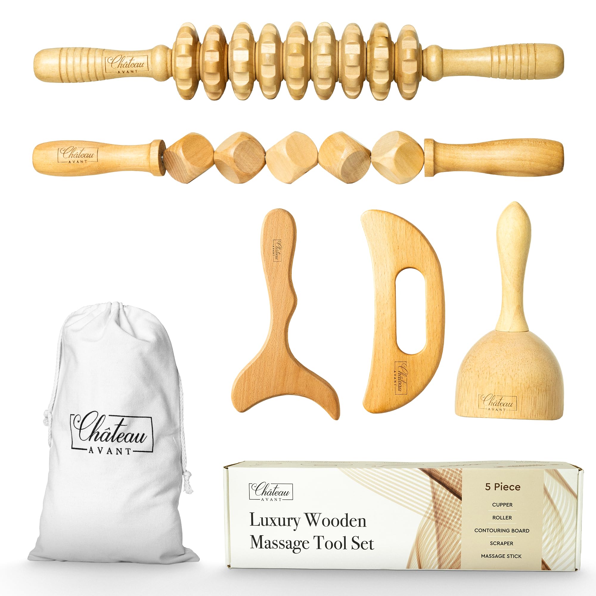 Photo 1 of Château Avant Luxury Wooden Massage Tool Set, 5-Piece Lymphatic Drainage & Sculpting Kit – Cupper, Roller, Contouring Board, Scraper & Rope Roller