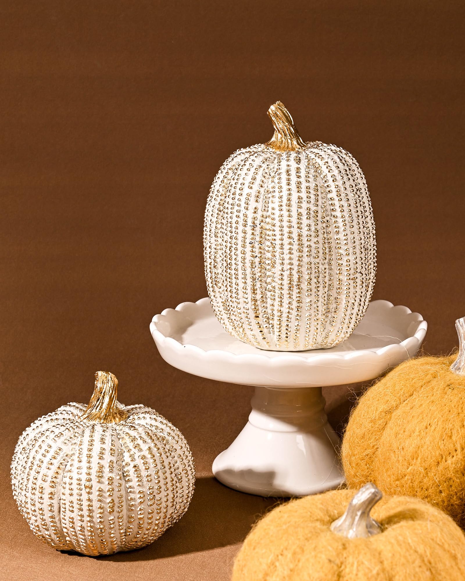 Photo 1 of Fall Thanksgiving Pumpkin Decor Figurines, 2 PCS Fake Pumpkin Statues for Tabletop Decorating, White and Gold Resin Pumpkins for Autumn Harvest Luxury Fall Home Decor, Farmhouse, Gift Package