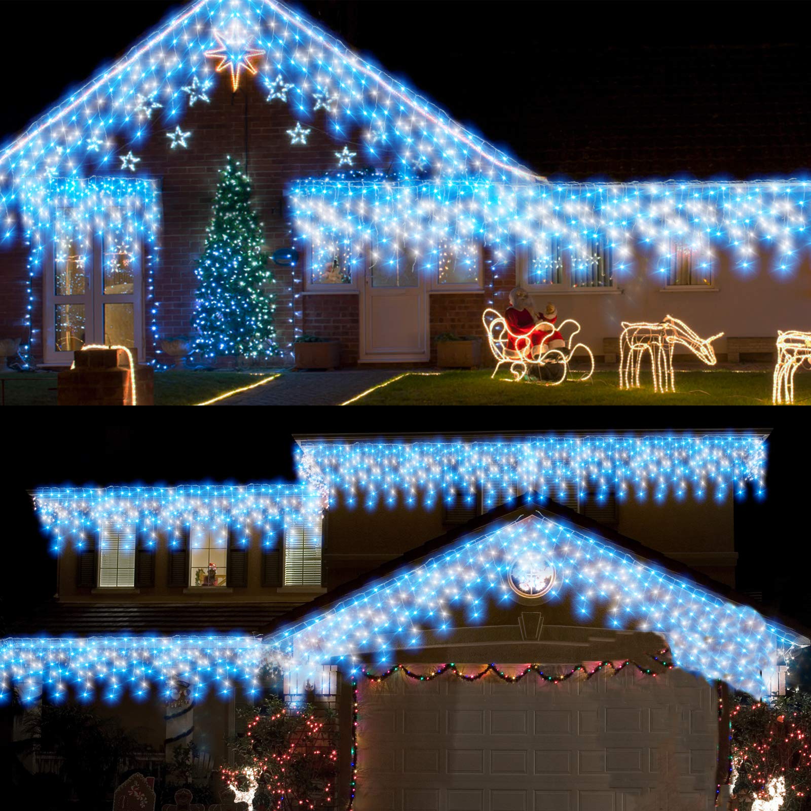 CORST 10M Outdoor Curtain Light Plug in, Window Curtain Fairy Lights,Long Hanging Outside Ice Lights, 400LEDs Connectable with Remote Timer for Roof,Eaves,Gazebo,Mum Gift(Blue+White)
