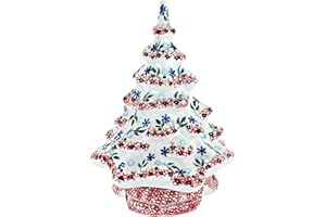 BLUE ROSE POTTERY Blue Rose Polish Pottery - Red Christmas Tree Luminary - 8" Tall - Hand-Painted Polish Pottery Holiday Candle Holder, Unique Festive Décor