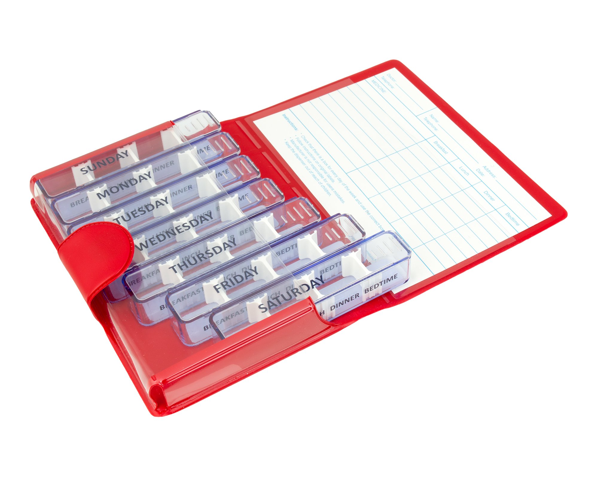 Kibodan Medidos 7-Day Weekly Pill Organiser – Small, Travel-Friendly Medicine and Vitamin Dispenser with 4 Adjustable Compartments. The Perfect Pill Organiser 4 Times a Day (Red)