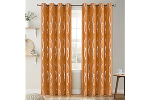 BUHUA Blackout Curtains 63 inch Length 2 Panels Set - Energy Efficient and Noise Reducing Curtains for Bedroom with Wave Striped Foil Print (52 x 63, Orange)