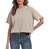 PRIMODA Women's Oversized Workout Cropped T Shirts Crew Neck Short Sleeve Casual Loose Summer Crop Tee Tops Cotton