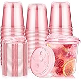 KesaPlan 50 Pack 12 oz Pink Plastic Party Cups with Sip Lids, Disposable Iced Coffee Cup with Lid, Round Bottom Stemless Glasses Drinking Cups for Valentine's Galentine's Bachelorette Party Holiday