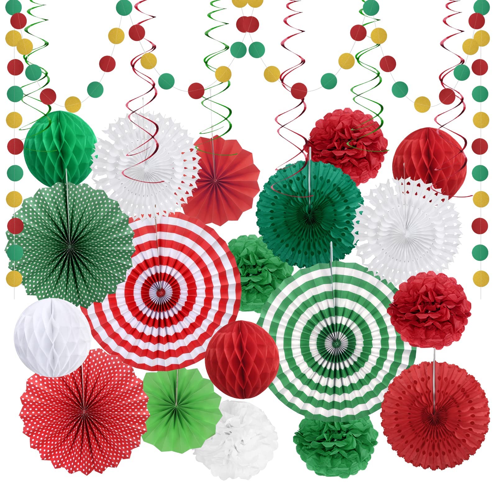 HONMOK 27Pcs Paper Christmas Hanging Decorations Christmas Paper Fans Red White Green Christmas Pom Poms Honeycomb Balls Swirl Hanging Ceiling Decorations for Xmas Party Room Decorations