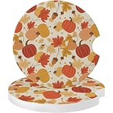 2 Pack Car Coasters for Cup Holder Absorbent Ceramic Drinks Coaster Set for Women/Men Red Pumpkin Marple Leaves Sandstone Car Accessory Fall Thanksgiving