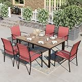 HERA'S HOUSE Red Patio Furniture Outdoor Dining Set, 64" Wood-Grain Metal Table with Umbrella Hole, 6 Textilene Chairs for Yard Garden Porch Poolside
