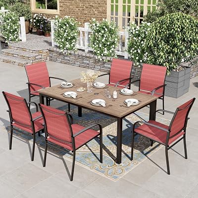 HERA'S HOUSE Red Patio Furniture Outdoor Dining Set, 64" Wood-Grain Metal Table with Umbrella Hole, 6 Textilene Chairs for Yard Garden Porch Poolside