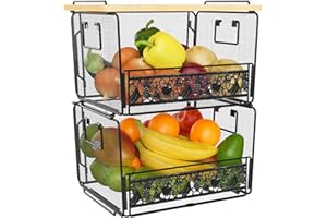 Iirios 2 Pack Metal Basket, Stackable Black Wire Basket with Bamboo Lid, Compact Space-Saving Pantry/Kitchen Organizers and Storage, Big Metal Storage Basket for Potatoes and Onions, Fruits