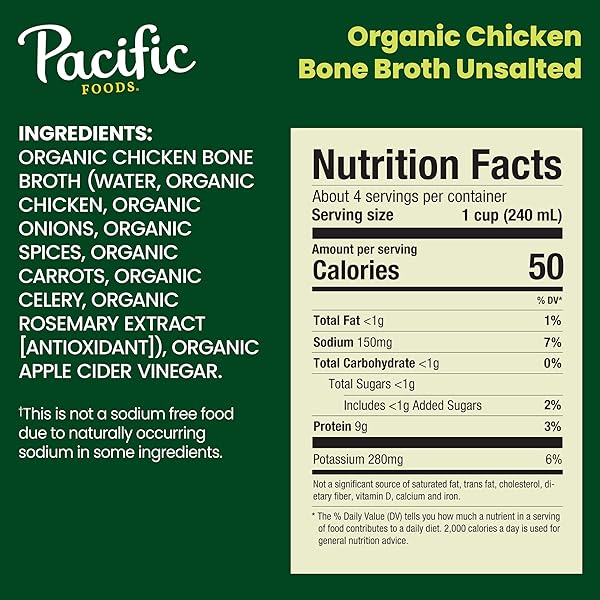 PACIFIC FOODS ORGANIC UNSALTED CHICKEN BONE BROTH, 32 OZ CARTON