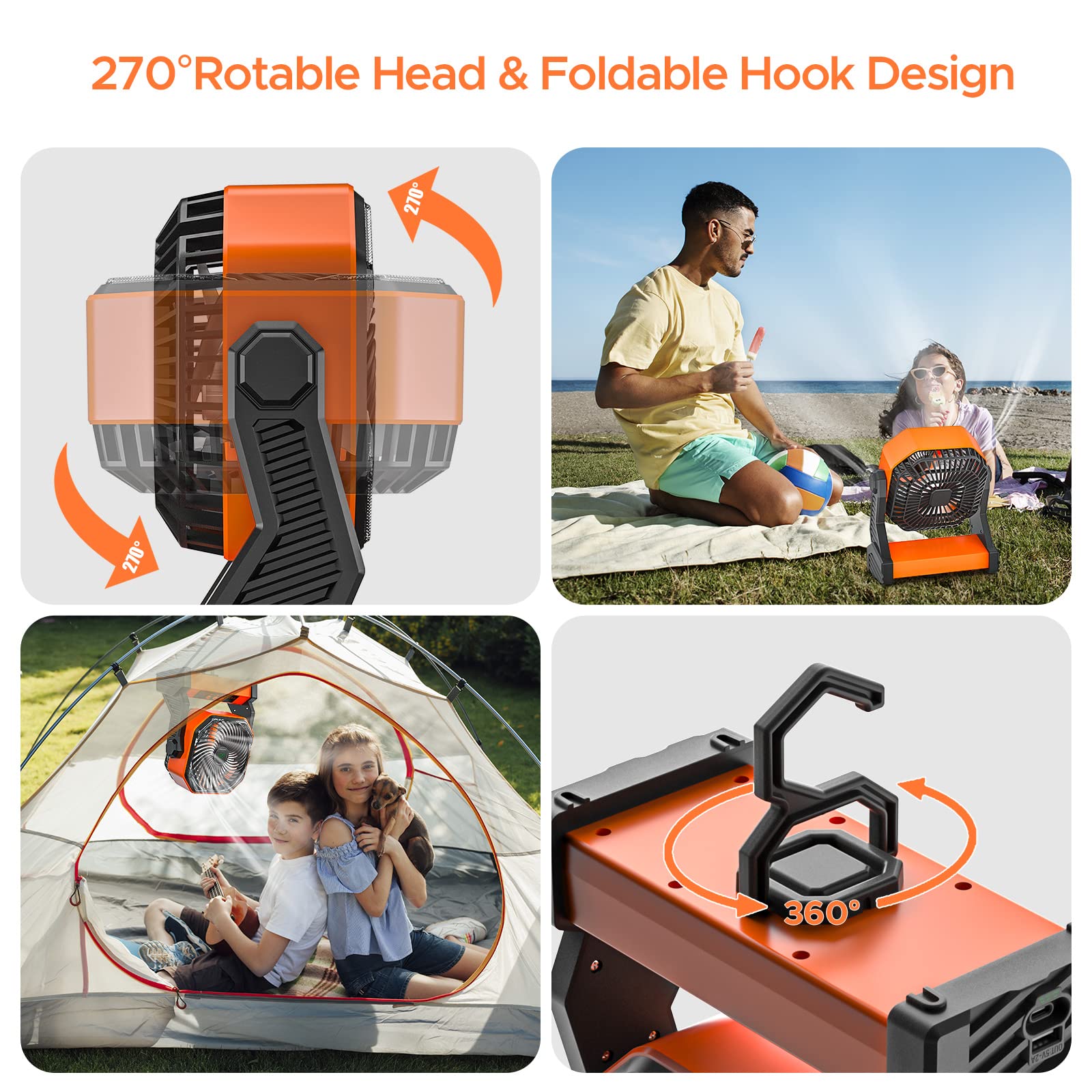 20000mAh Rechargeable Camping Fan with LED Lantern, 58hrs Portable Battery Operated Desk Fan with Hanging Hook for Camping Picnic Fishing Hurricane Power Outages