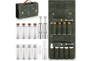 TOBWOLF Portable Spice Bag for Travel, Camping Spice Kit with 8 Jars, 2 Salt/Pepper Grinders, 1 Oil Spray, Foldable Canvas Seasoning Storage Bag, Condiment Container Set for Outdoor Picnic BBQ - Green
