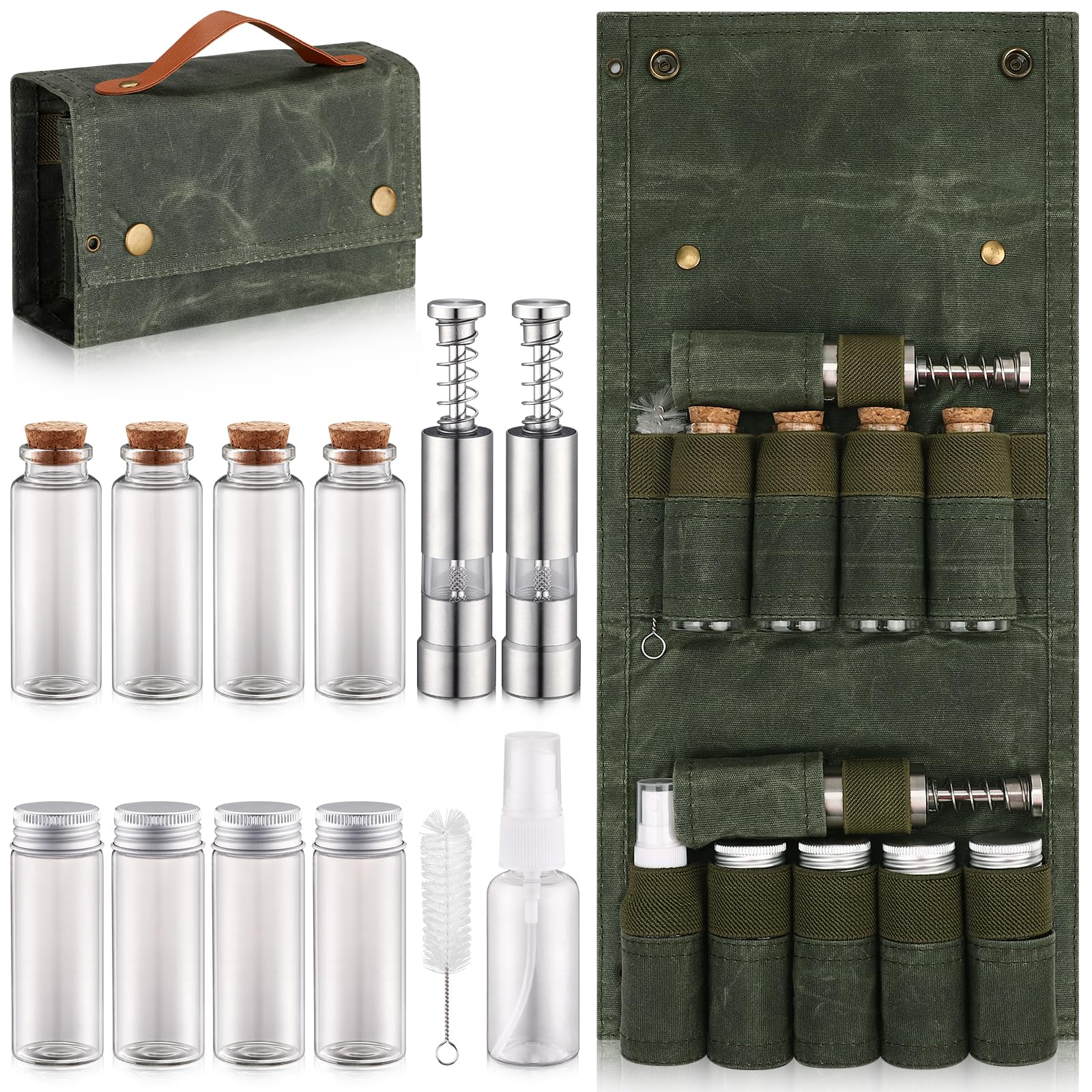 TOBWOLF Portable Spice Bag for Travel, Camping Spice Kit with 8 Jars, 2 Salt/Pepper Grinders, 1 Oil Spray, Foldable Canvas Seasoning Storage Bag, Condiment Container Set for Outdoor Picnic BBQ - Green