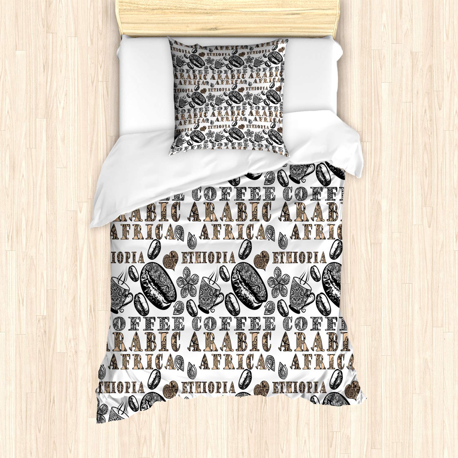 ABAKUHAUS Modern Duvet Cover Set, Coffee Beans with Ornamental Words Ethiopians Pattern, Bedding Set 2 Pieces with 1 Pillow Shams, 135 cm x 200 cm, Sand Brown Black — image 1