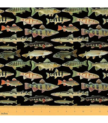 Colorful Fish Fabric by the Yard, Fish Hook Fishing Upholstery Fabric, Western Rustic Farmhouse Decorative Fabric, Cabin Lodge Decor DIY Indoor Outdoor Fabric for Quilting Sewing, 1 Yard, Blue