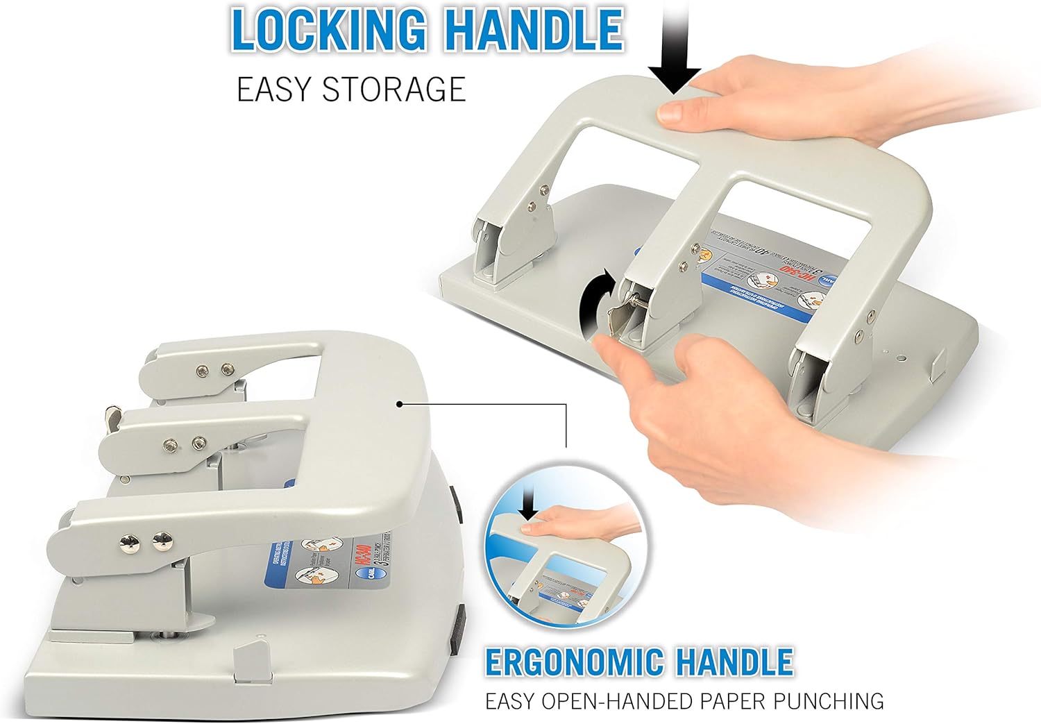 CARL, Medium-Duty 3 Hole Paper Punch, 40 Sheet Punch Capacity, Metallic, Model:HC-340 : Paper Punches : Office Products