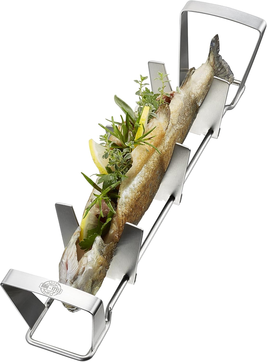 GEFU Fish Rack Fischhalter BBQ, Fischbräter zur Zubereitung von Dorade, Forelle und Makrele, für Gas- und Kohlegrill