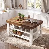 Tribesigns 55.1-Inch Kitchen Island with Seating and Storage, 3-Tier Large Farmhouse Island Table with Large Countertop and Leg Room for Kitchen Dining Room (Brown and White)