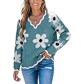 CUPSHE Womens Sweaters Long Sleeve Fall Sweater Trendy 2025 Floral V Neck Jumper Tops