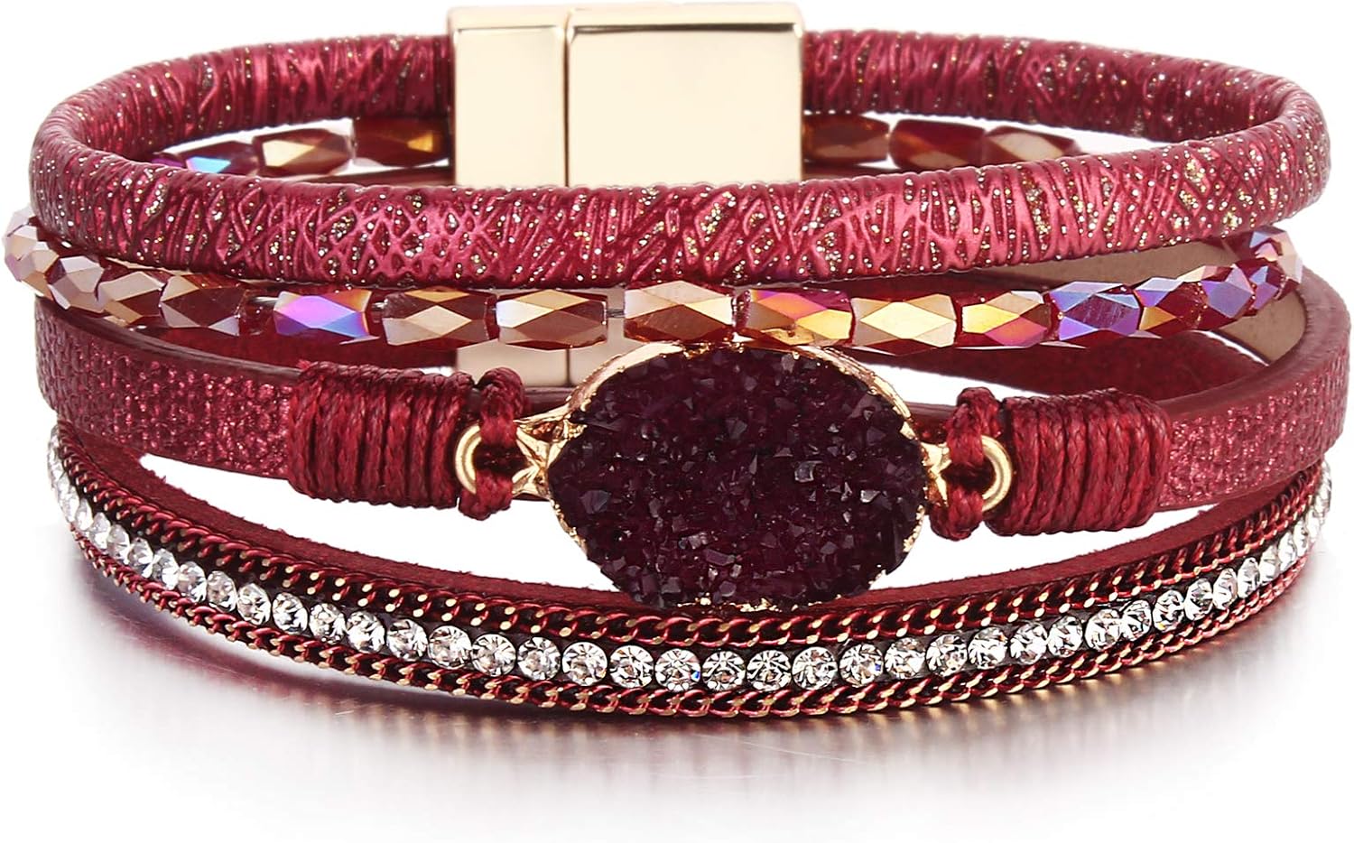 Leather Wrap Bracelet Boho Cuff Bracelets Crystal Bead Bracelet with Magnetic Clasp for Women Handmade Layered Bracelet for Teen Girls(7.7", Silver): Clothing