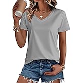 SMENG Women's Cotton V Neck T-Shirt Short Sleeve Solid Color Tee Casual Fit Tee Breathable Summer Fashion Tops