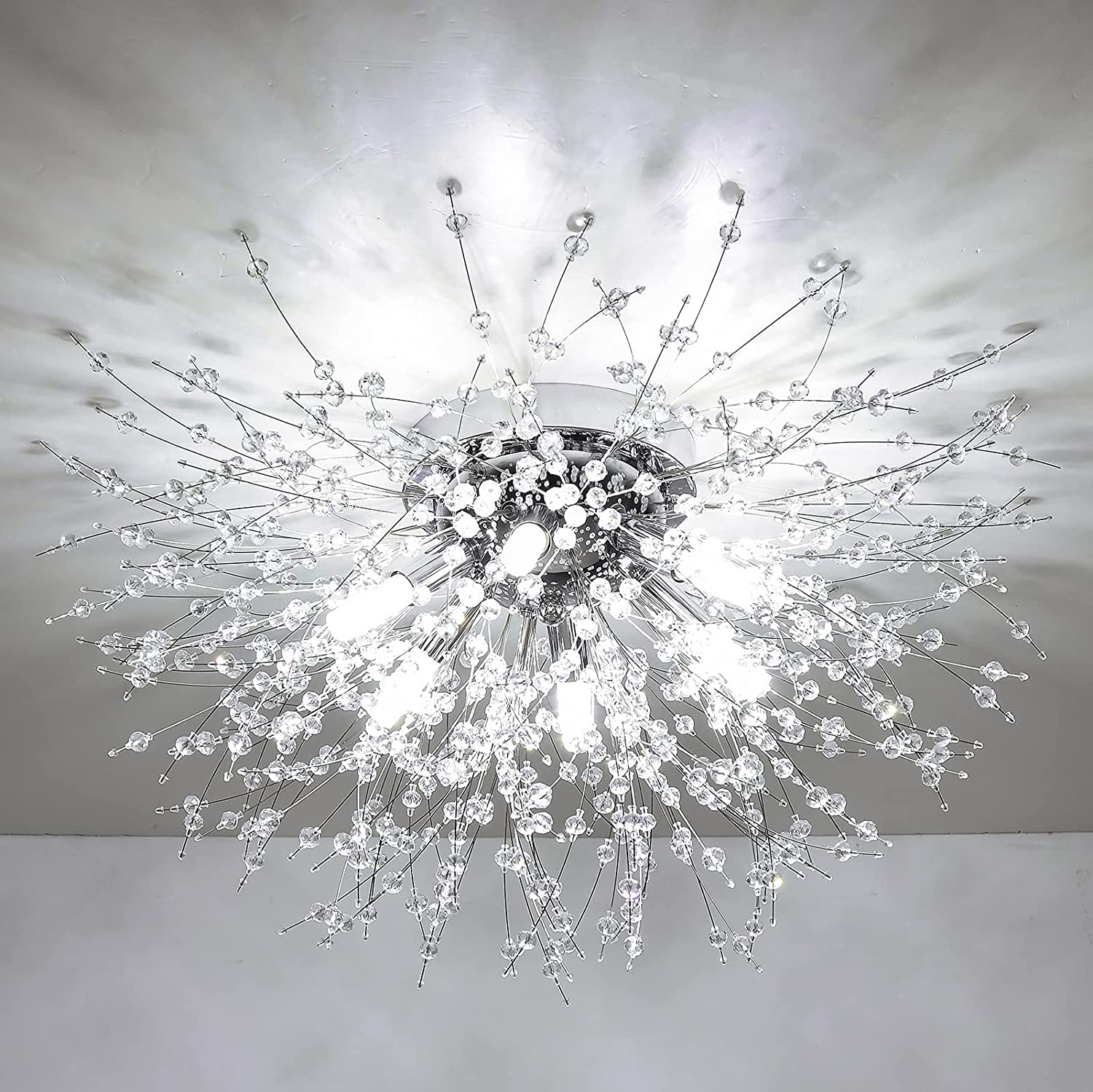 Rayofly Modern Crystal Ceiling Lights for Living Room, Chrome Fireworks K9 Crystals Chandeliers Fittings, 6 G9 LED, Chandelier Ceiling Pendant Lights for Bedroom, Dining Room, Hallway