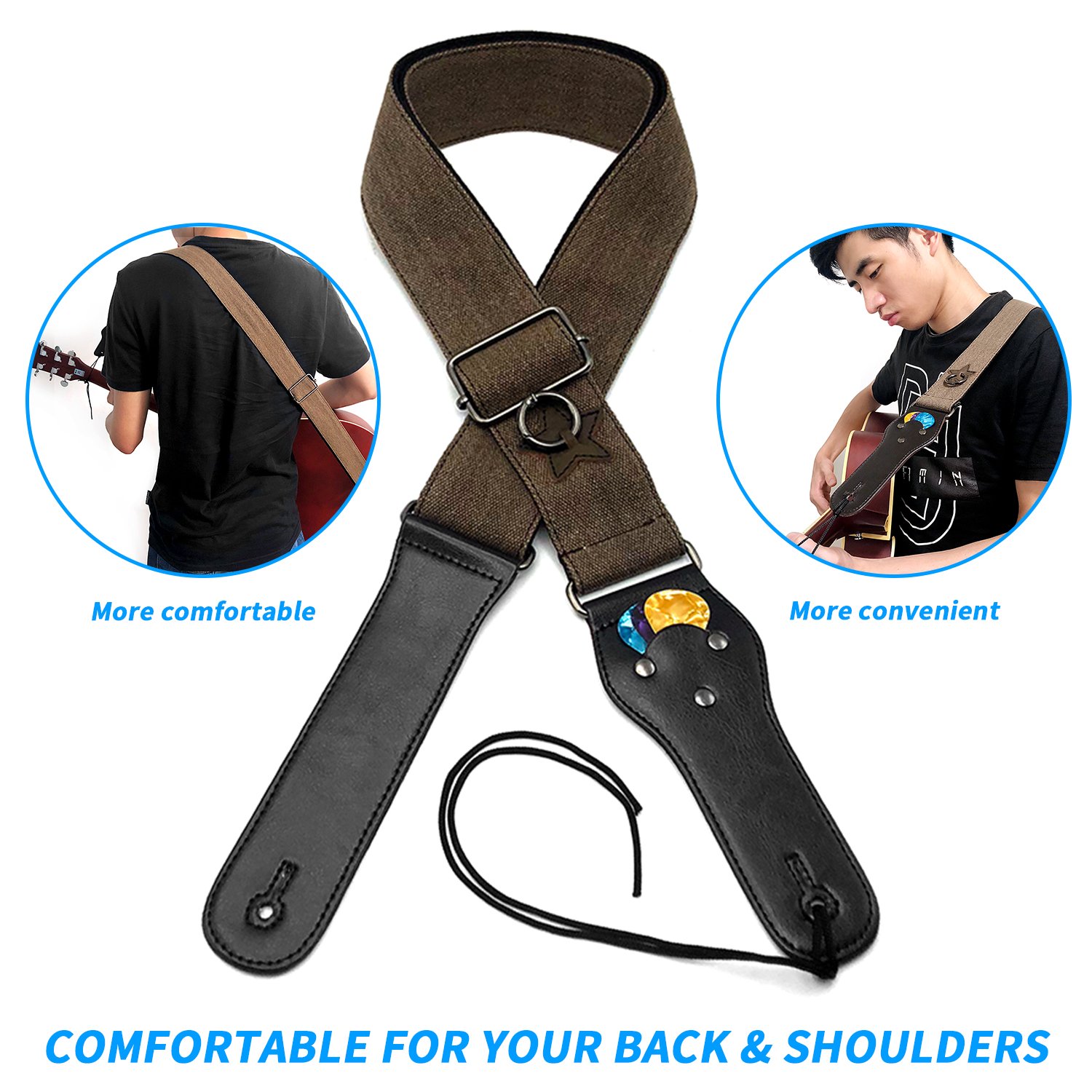 Kormest Adjustable Guitar Straps Acoustic - Denim Style With Leather Ends for Electric Bass Ukulele Including Guitar Capo+Safety Locks+Picks (Coffee,2\'\')