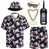 FEELJAM 80s 90s Outfit for Men, Retro Hawaiian Shirts and Shorts Set,Hip Hop Sportswear 7Pcsfor Disco Party