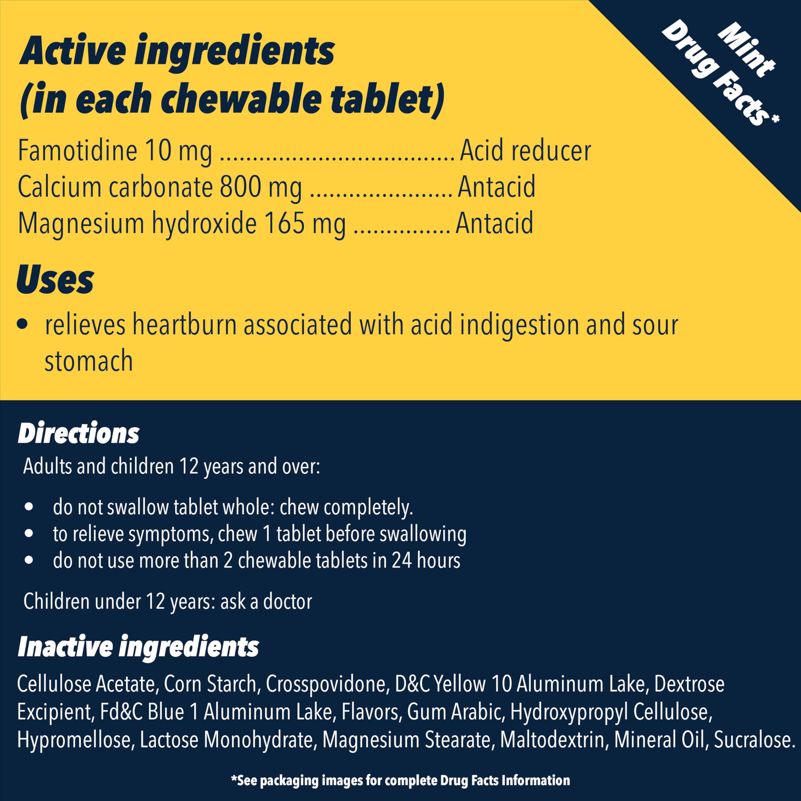 Pepcid Complete Acid Reducer + Antacid Chewables, 10mg Famotidine, 800mg Calcium Carbonate & 165mg Magnesium Hydroxide per Heartburn Medicine Tablet, Antacid Chews, Mint, 50 ct