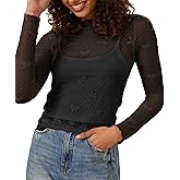Women Lace Mesh Bow Top Long Sleeve Mock Neck See Through Shirt Polka Dot Embroidered Sheer Layering Tops