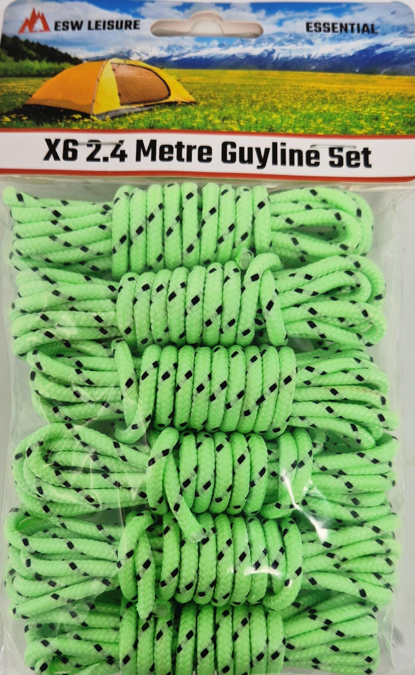 ESW LEISURE Guyline Ropes 6 Pack For Tents Awning Camping Strong Paracord Guy Rope With Tensioner - Guy Lines Fishing Umbrella Shelter Bivvy Caravan Gazebo (Glow In The Dark, 2.4 Metre 6 Pack)