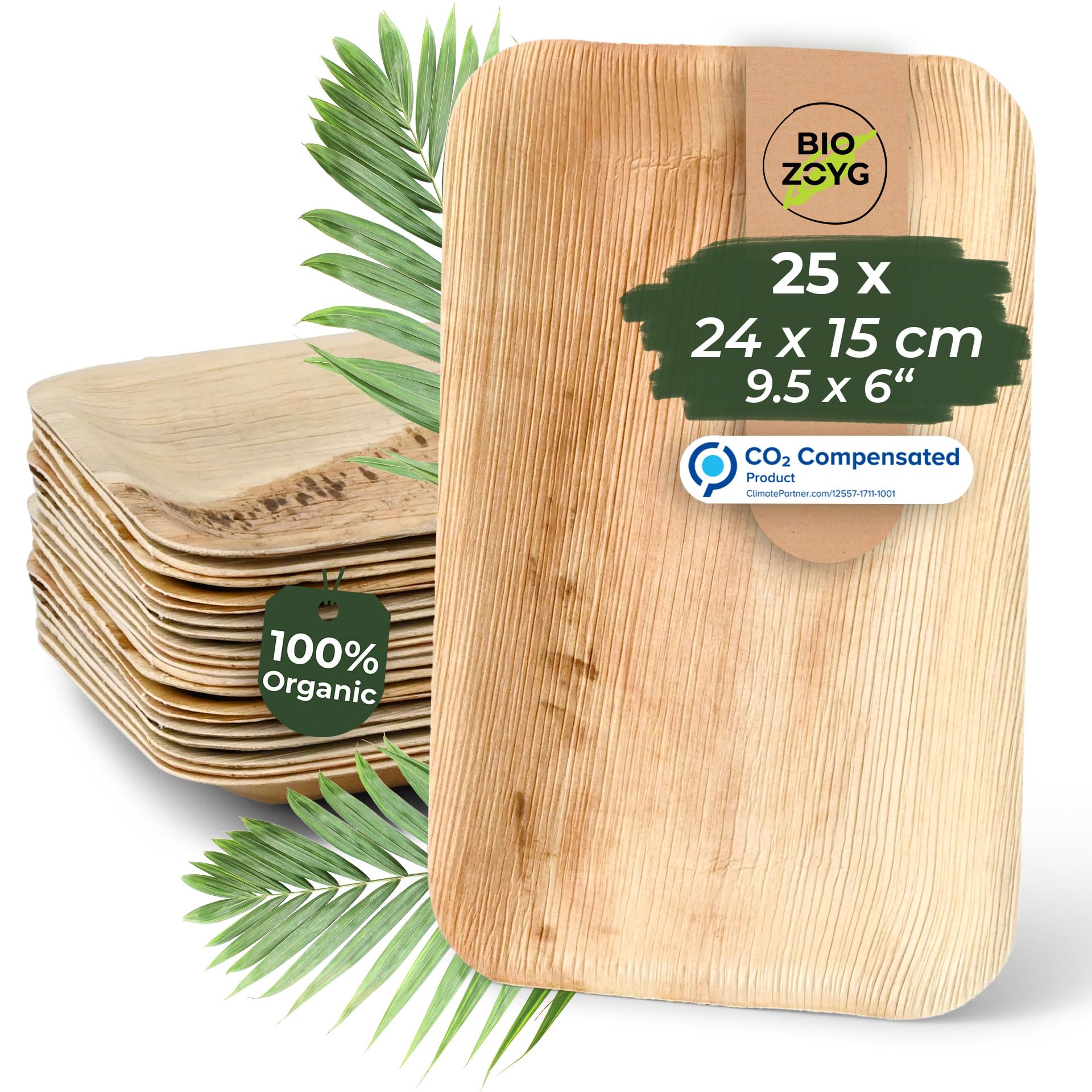 BIOZOYG 25x Palm Leaf Plates 24x15 cm - Disposable Plates Compostable and Natural - Party Tableware Palm Plates Eco-Friendly