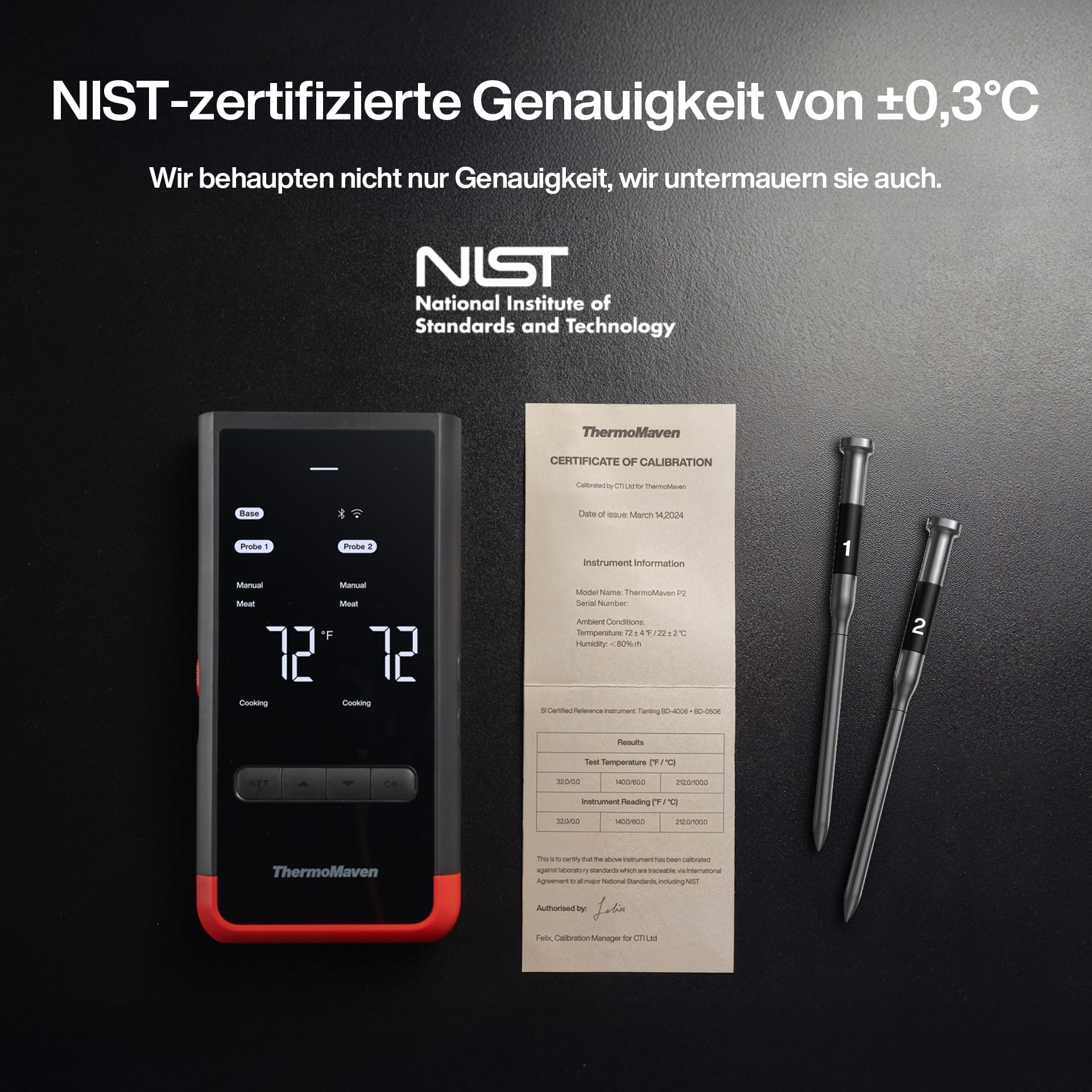 ThermoMaven P2 Fleischthermometer Kabellos – WiFi & Bluetooth 5.3, 2 Sonden 6 Sensoren, ±0,3°C Präzise, IPX8 Wasserdicht, App-Steuerung, NIST & NSF Zertifiziert, Grillthermometer, Bratenthermometer 4