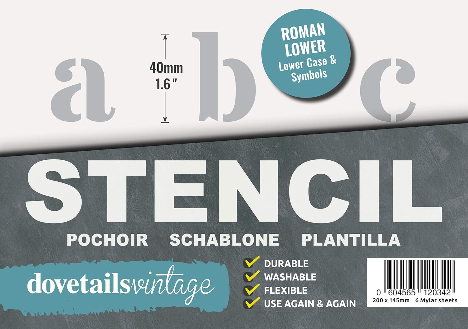 Dovetails Vintage Letter Stencil 40 mm Tall Roman Style Lower Case Letters and Symbols, off white, 6 sheets of 200 x 148mm