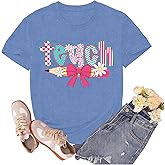 sallrue Teacher Shirts for Women Teach Teaching Tshirts Bow Pencil Shirt Teacher Life Tee Tops