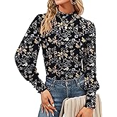 Qirno Womens Mock Neck Puff Long Sleeve Tops Casual Loose Solid Basic T Shirt Button Cuffs Pullovers Shirts Blouse