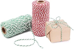 Benvo Pack of 2 Green White Cotton Twine and Red White Packing String Christmas Xmas Twine Rope Ribbon Cord for Baking, Butchers, DIY Crafts Wrapping Ornaments Hanging 656 ft Long