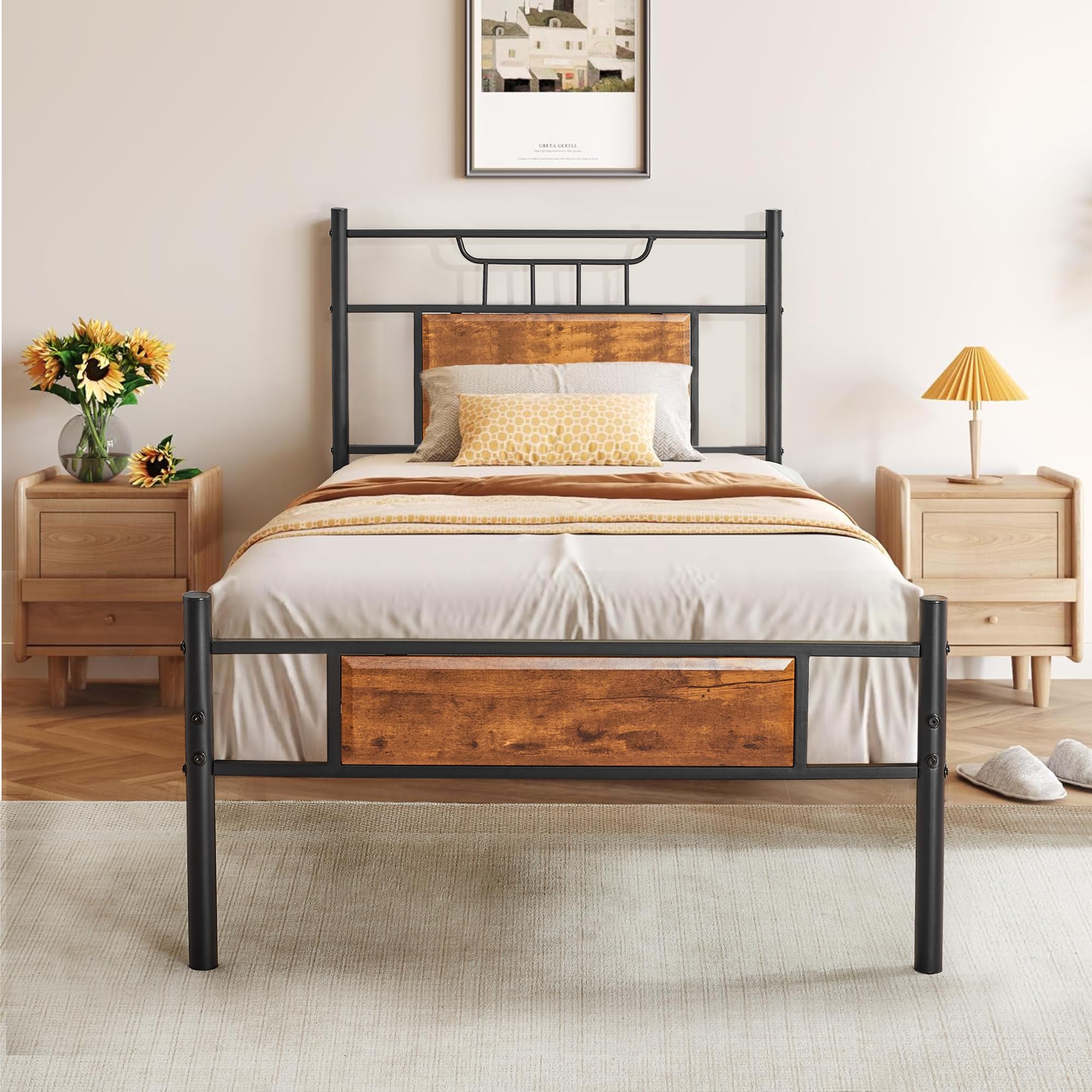 VECELO 3ft Single Bed Frames with Wood Headboard, 90x190 cm Metal Platform, Heavy Duty Metal Slats Support, Mattress Base No Box Spring Needed, No Noise, Easy Assembly
