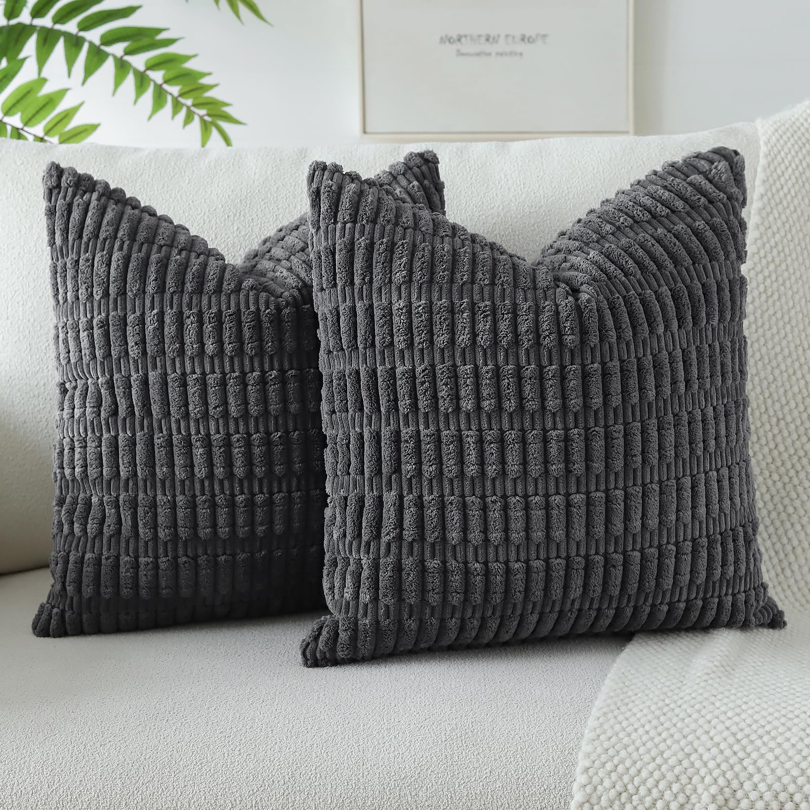 JOTOM Pack of 2 Corduroy Soft Striped Cushion Covers 40x40 cm 16x16 Inch Boho Decorative Throw Pillow Covers Square Cushion Case Home Decor Pillow Cases for Couch Sofa Living Room Bed (Dark Grey) โ image 1